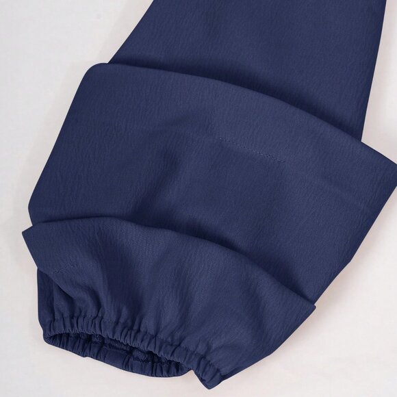 Navy Blue Elegant Women's Solid Color Lantern Sleeve Jumpsuit - Picture 7 of 9